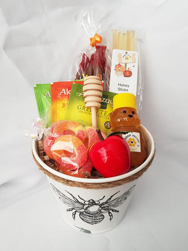Honey Tea Hamper. Bee Pail Sweetness in a Basket. Great Gift Ideas by Edible Promotions Erin Ontario