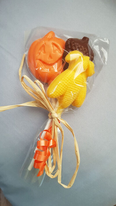 Fall theme chocolate lollipops Edible Promotions Erin Ontario