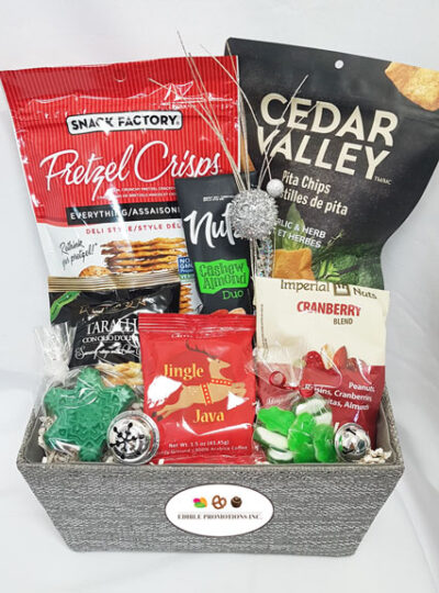 Christmas theme gift basket by Edible Promotions. A Picture Silver bells gift basket for sale.